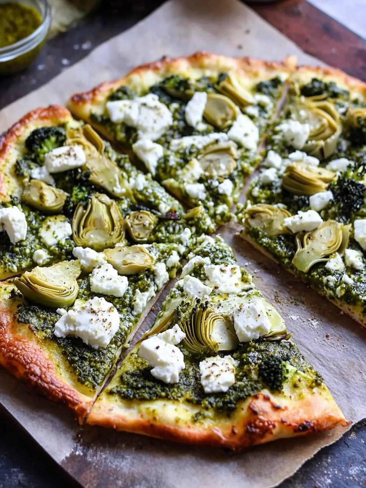 Green Pizza with Pesto, Feta, Artichokes, and Broccoli Bliss 2 Green Pizza with Pesto, Feta, Artichokes, and Broccoli