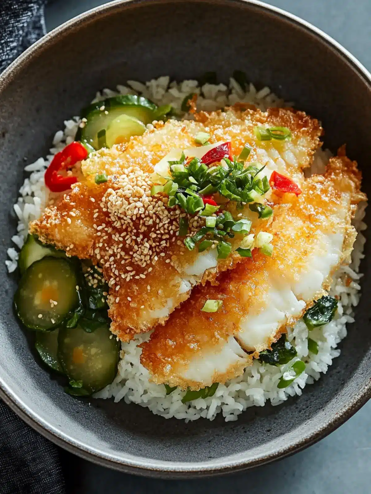 Crispy Halibut Tempura with Spring Onion Rice & Pickles Delight 3 Halibut Tempura with Japanese Pickles & Spring Onion Rice