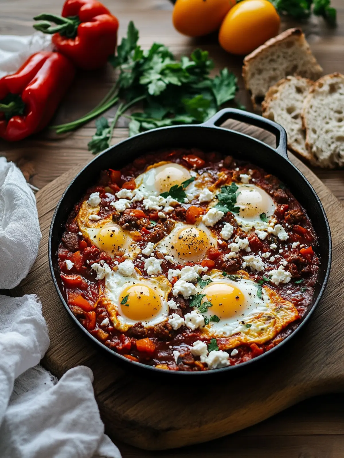 Spicy Shakshuka: Eggs Poached with Sausage and Feta Bliss 3 Shakshuka (Eggs Poached in Tomato Sauce with Sausage, Peppers, and Feta)