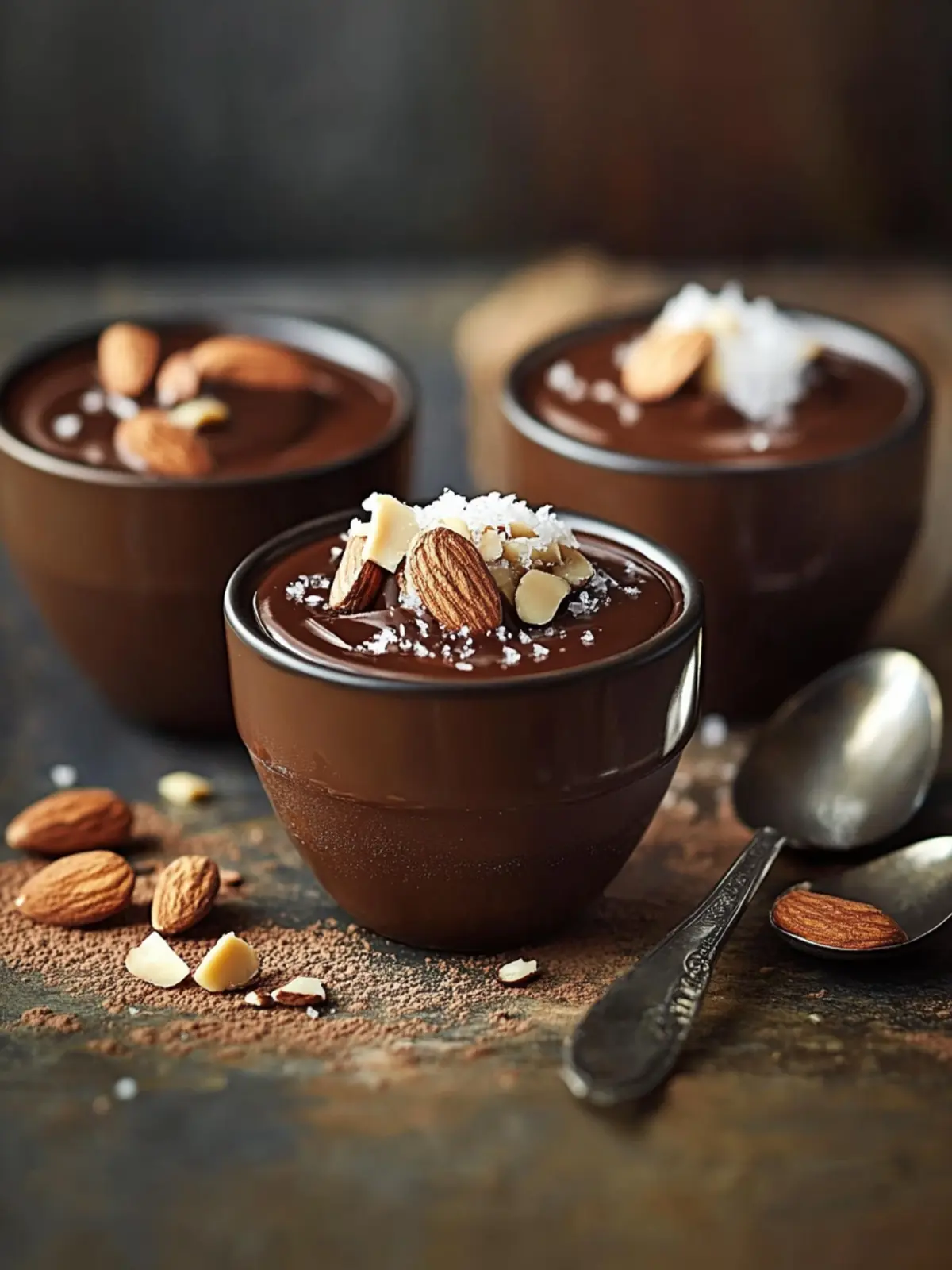 Decadent Chocolate Pots with Salted Caramel and Crunchy Almonds 2 Chocolate pots with salted caramel and caramel almonds