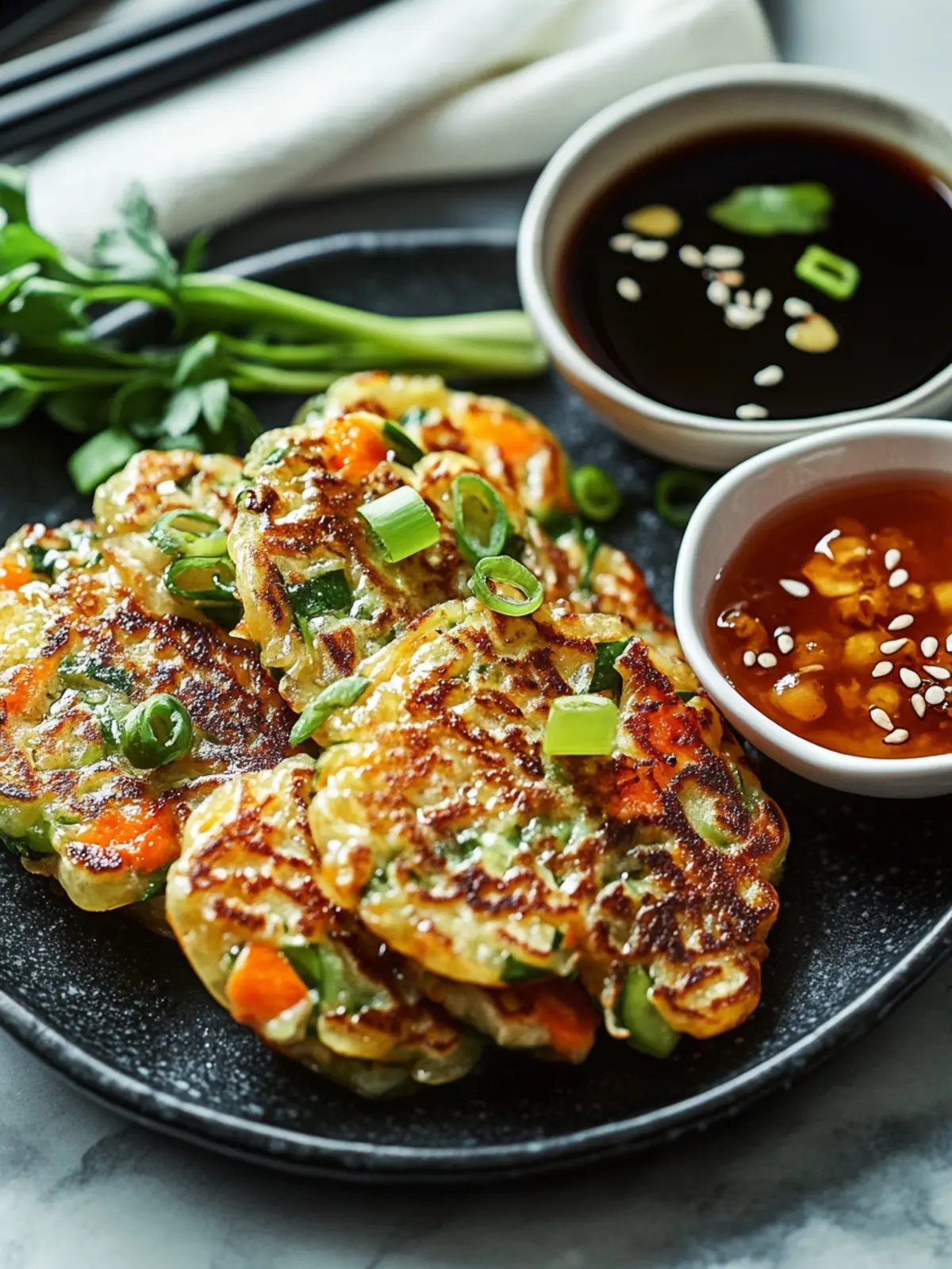 Crispy Vegetable Pancakes with Asian Dipping Sauce Delight 3 Crispy Vegetable Pancakes with Asian Dipping Sauce