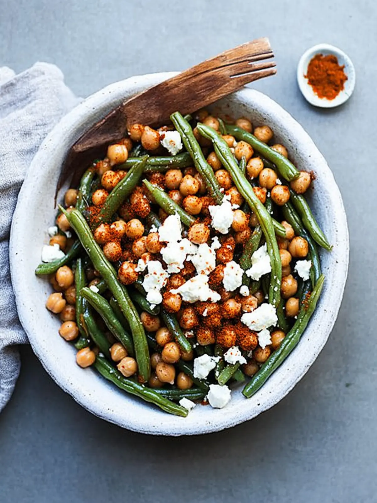 Spicy Harissa Green Beans with Chickpeas and Feta Bliss 3 Harissa Green Beans with Spiced Chickpeas and Feta Cheese