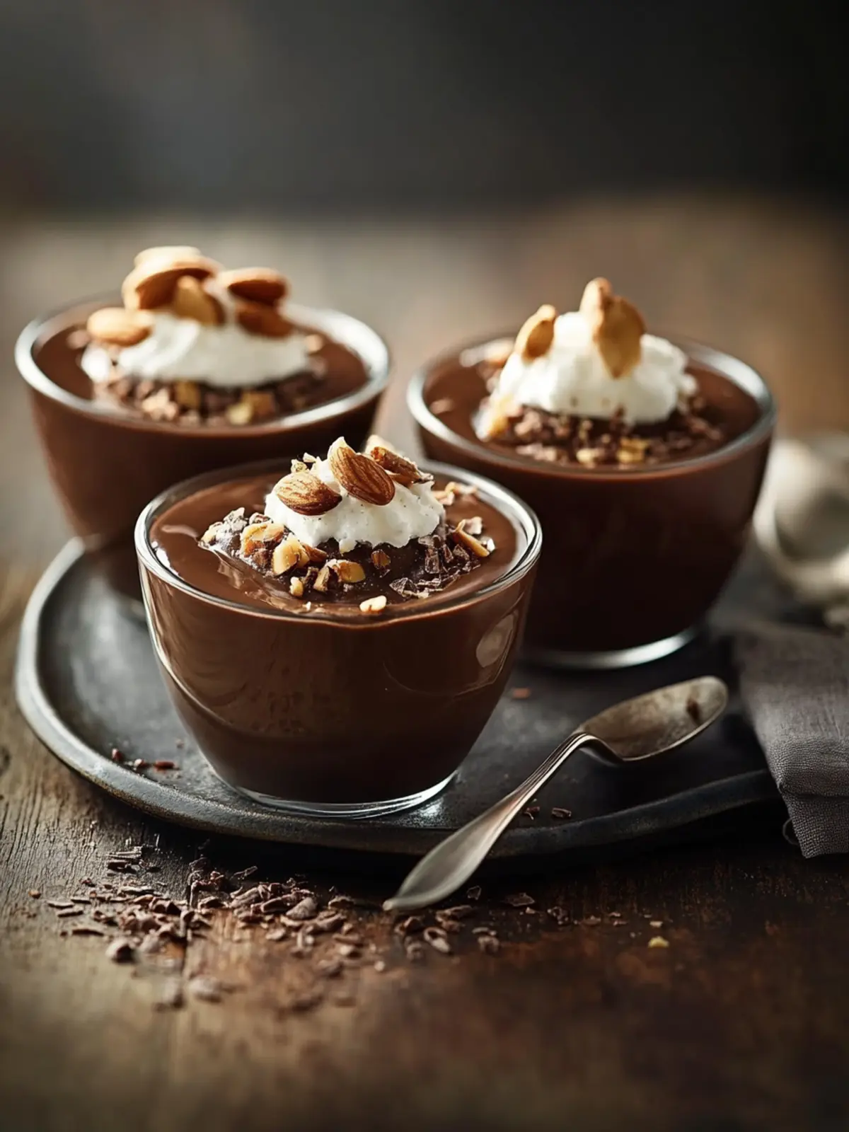 Decadent Chocolate Pots with Salted Caramel and Crunchy Almonds 4 Chocolate pots with salted caramel and caramel almonds