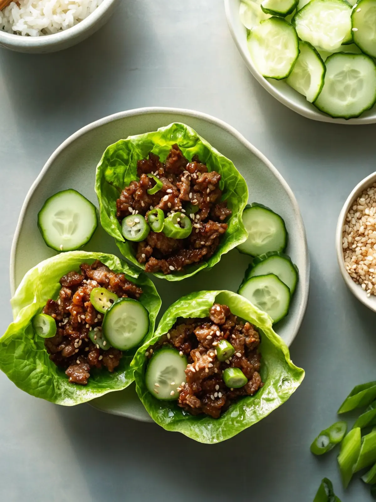 Ginger-Scallion Beef Lettuce Wraps with Crunchy Cucumbers 3 Ginger-Scallion Beef Lettuce Wraps with Crunchy Cucumbers and Sesame Rice
