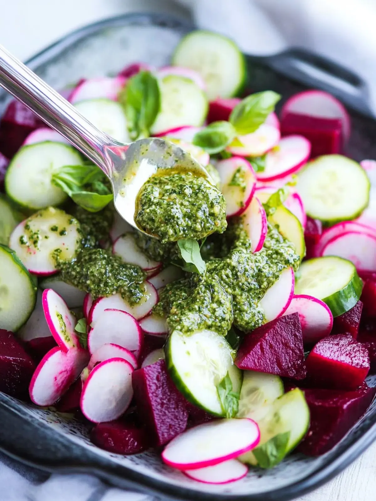 Vibrant Beet, Cucumber, and Radish Salad with Pesto Vinaigrette 4 Beet, Cucumber, and Radish Salad with Basil Pesto Vinaigrette
