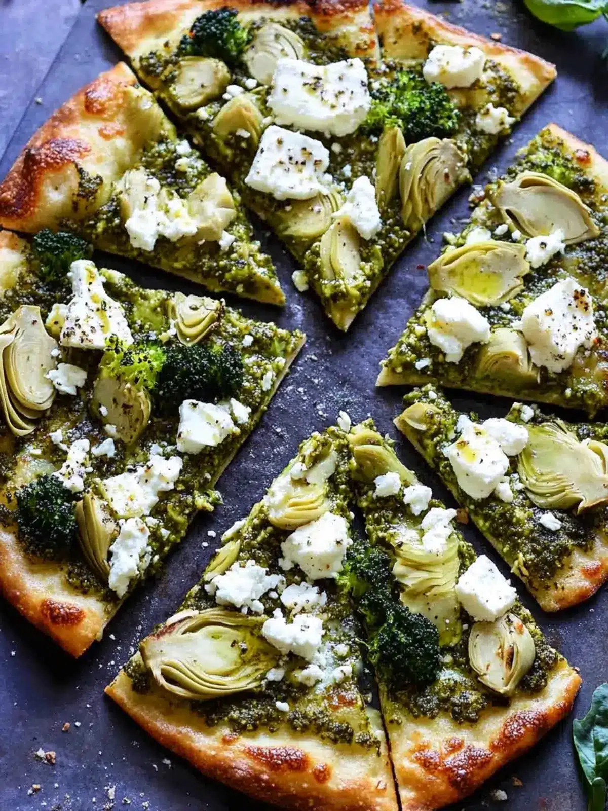 Green Pizza with Pesto, Feta, Artichokes, and Broccoli Bliss 3 Green Pizza with Pesto, Feta, Artichokes, and Broccoli