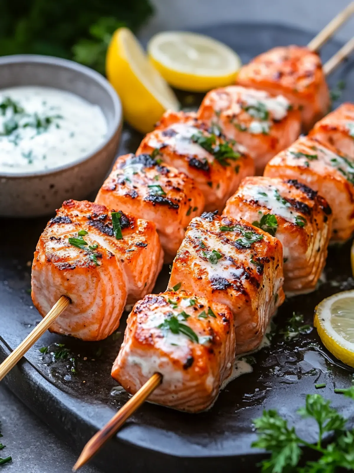 Mouthwatering Grilled Salmon Skewers with Creamy Dill Sauce 2 Mouthwatering Grilled Salmon Skewers with Creamy Sauce
