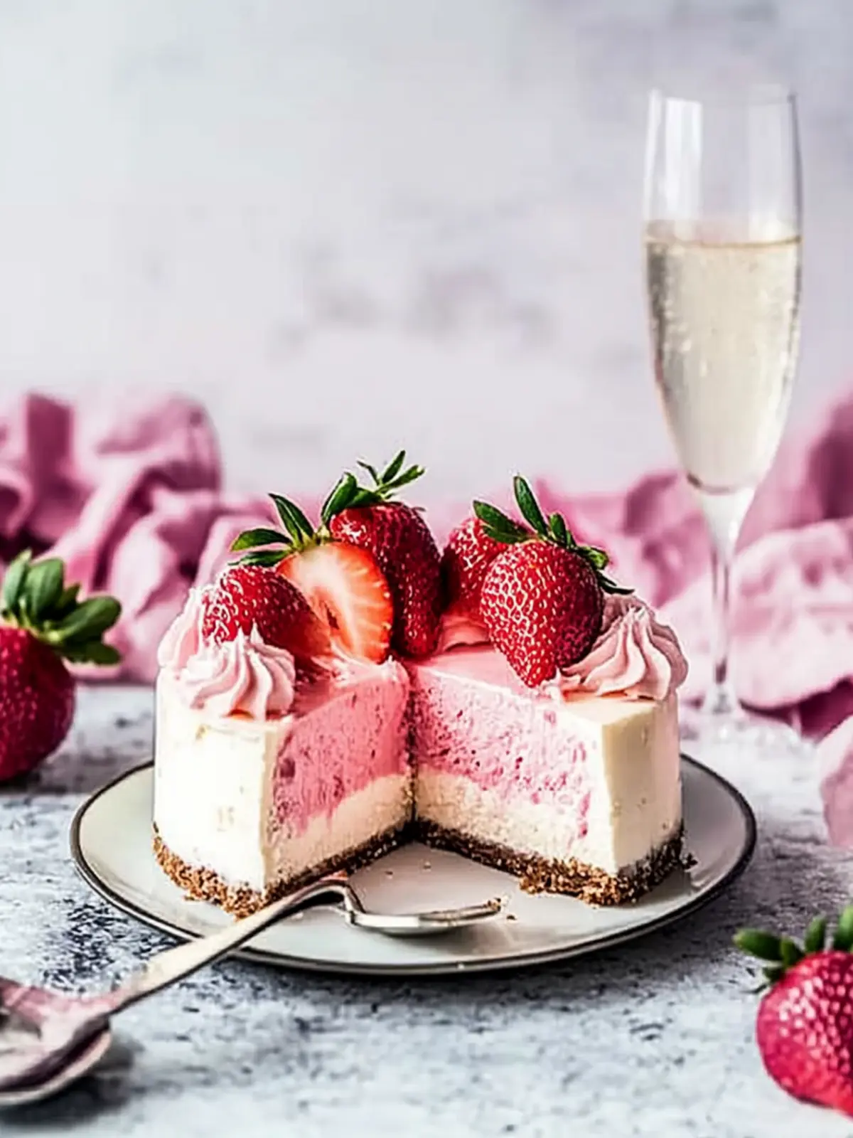 Indulge in Strawberry Champagne Cheesecake with Cake Bottom 4 Strawberry Champagne Cheesecake with Champagne Cake Bottom