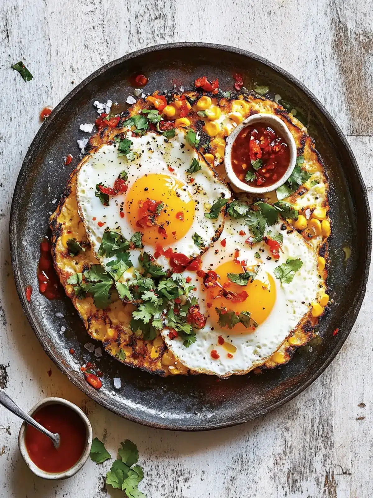 Delicious Fried Eggs with Corn Fritters and Chilli Sauce Bliss 2 fried eggs with corn fritters and chilli sauce