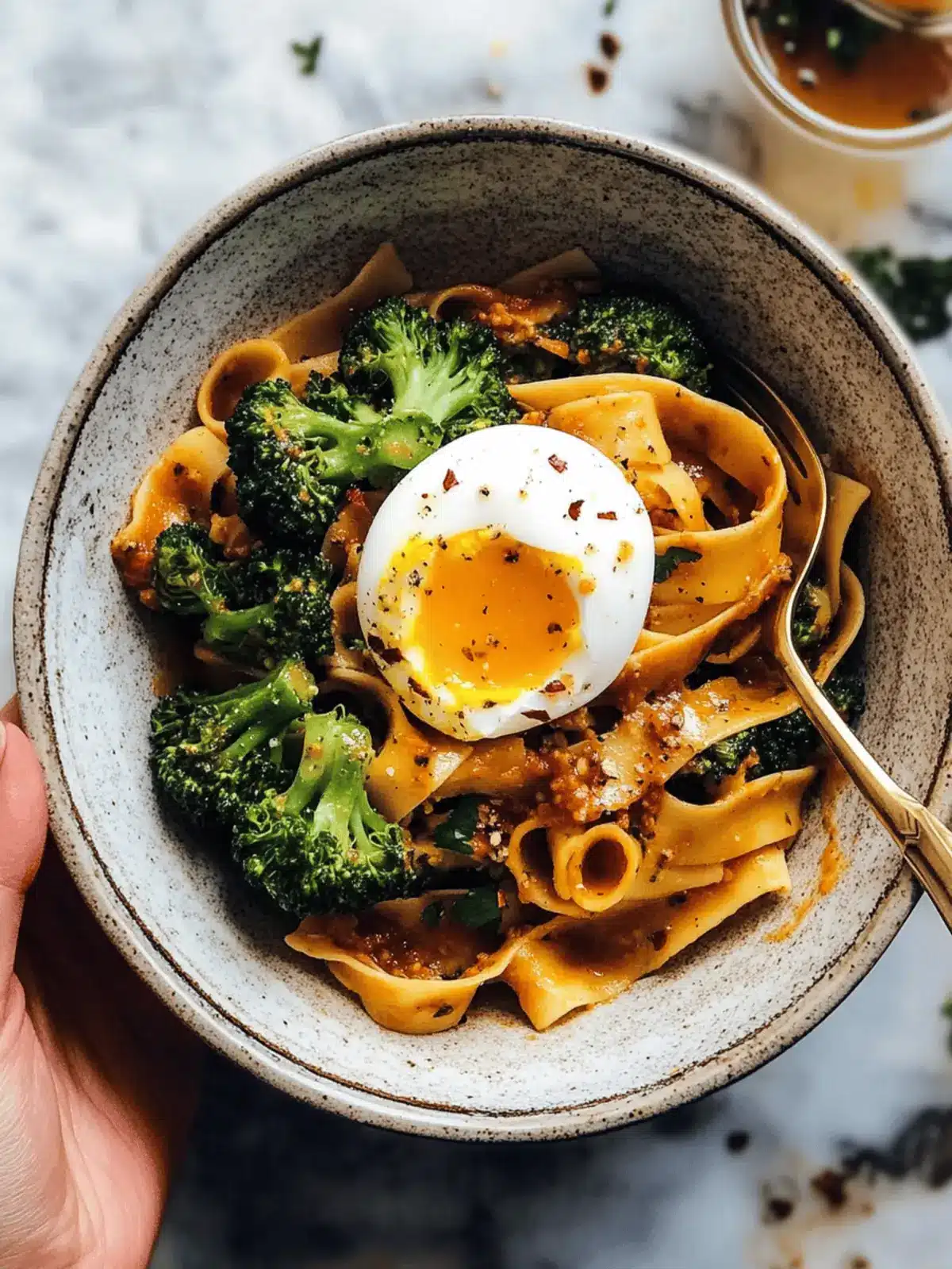 Chili Garlic Pappardelle with Smashed Broccoli and Soft Eggs Bliss 4 Chili Garlic Pappardelle with Smashed Broccoli and Soft Eggs