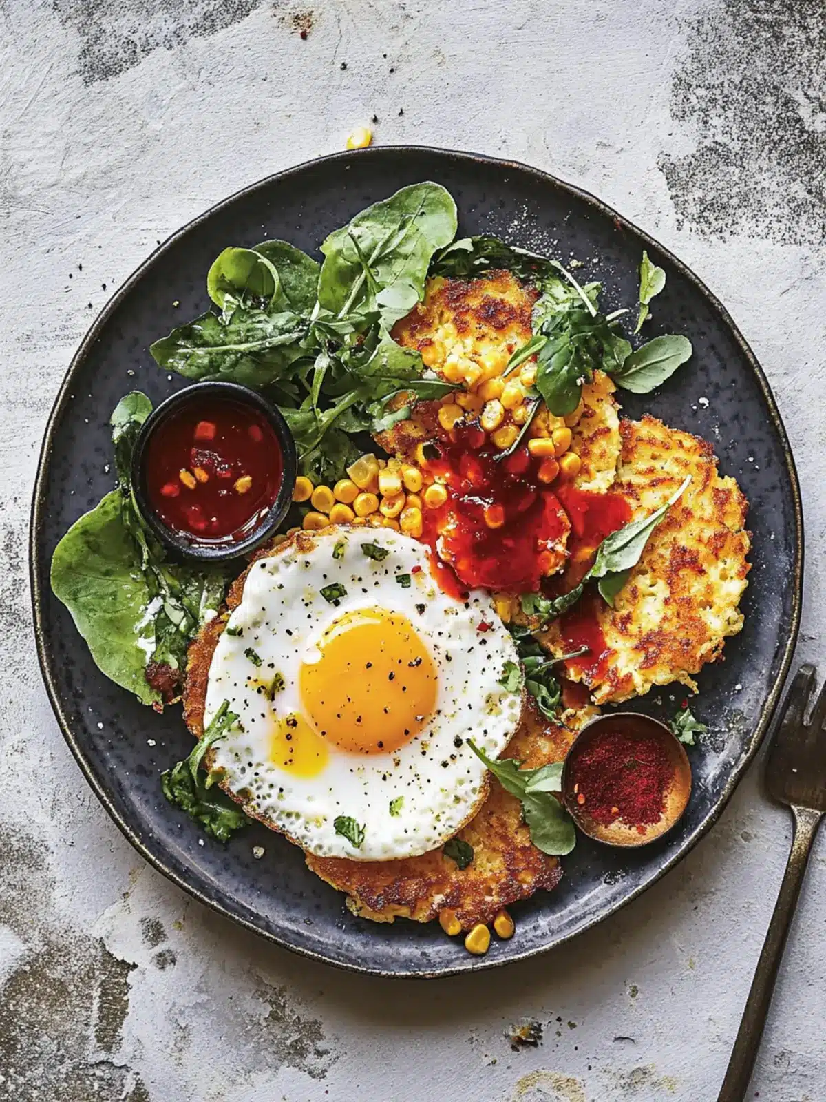 Delicious Fried Eggs with Corn Fritters and Chilli Sauce Bliss 4 fried eggs with corn fritters and chilli sauce