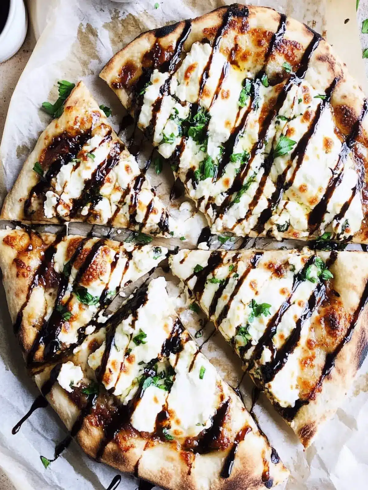 Decadent White Pizza with Goat Cheese & Balsamic Glaze 2 White Pizza with Goat Cheese, Fresh Mozzarella & Balsamic Glaze